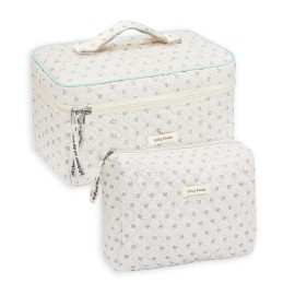 GEMLORD 2Pcs Cotton Quilted Makeup Bag Large Travel Coquette Aesthetic Toiletry Bag Floral Cute Cosmetic Bags for Women Girls