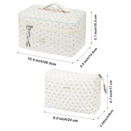 GEMLORD 2Pcs Cotton Quilted Makeup Bag Large Travel Coquette Aesthetic Toiletry Bag Floral Cute Cosmetic Bags for Women Girls