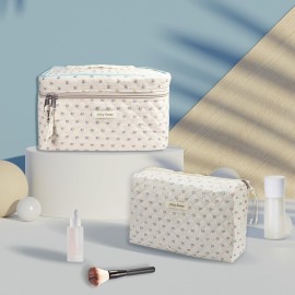 GEMLORD 2Pcs Cotton Quilted Makeup Bag Large Travel Coquette Aesthetic Toiletry Bag Floral Cute Cosmetic Bags for Women Girls