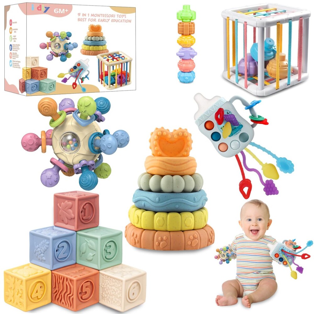 Baby Toys 0-6-12 Months,Montessori Toys for babise 0-6-12-18 Months,Incl Pull String Toy & Shape Sorter & Stacking Building Block & Manhattan ball & Baby Blocksmontessori baby toys for 1 + year