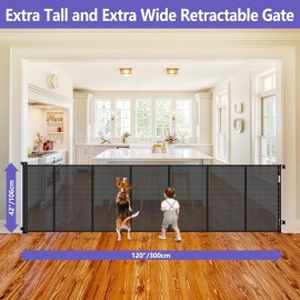 42 Inch Extra Tall Baby Gate 120 Inch Extra Wide Retractable Baby Gates for Large Openings, Upgraded Retractable Gate Keeps Pets from Getting Under Tall Pet Gate, Indoor/Outdoor Long Dog Gate