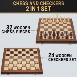 2 in 1 Magnetic Chess Set & Checkers Board Game, 15 Wooden Folding Chess Board with 2 Extra Queens, Portable Travel Chess Set with Pieces Storage Slots, Beginner Chess Board Game for Adults & Kids