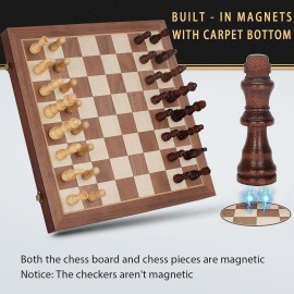 2 in 1 Magnetic Chess Set & Checkers Board Game, 15 Wooden Folding Chess Board with 2 Extra Queens, Portable Travel Chess Set with Pieces Storage Slots, Beginner Chess Board Game for Adults & Kids