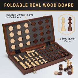 2 in 1 Magnetic Chess Set & Checkers Board Game, 15 Wooden Folding Chess Board with 2 Extra Queens, Portable Travel Chess Set with Pieces Storage Slots, Beginner Chess Board Game for Adults & Kids