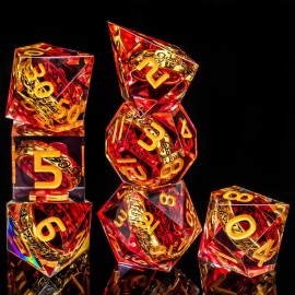 OUKELANWO Magic Lord Rings DND Dice Set with Box, 7Pcs LOTR D&D Dice Set for Role Playing Game, Red and Gold Polyhedral Sharp Edge Resin Dice D20 D12 D10 D8 D6 D4