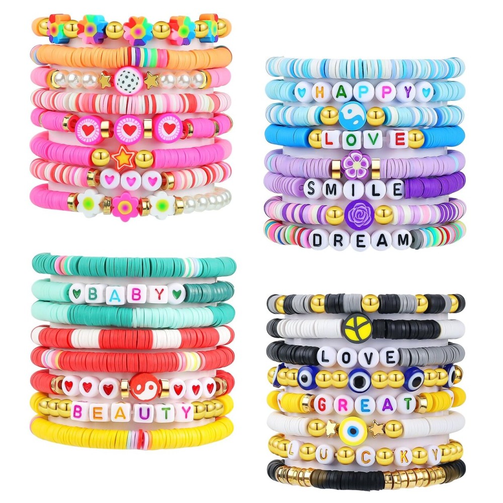 LUYI 32 Pcs Preppy Jewelry Bracelets for Women Clay Bead Colorful Surfer Heishi Bracelet Set Stackable Beaded Friendship Stretch Bracelets Boho Y2K Summer Beach Elastic Layering Bracelets
