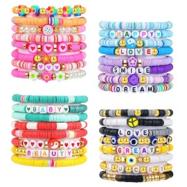 LUYI 32 Pcs Preppy Jewelry Bracelets for Women Clay Bead Colorful Surfer Heishi Bracelet Set Stackable Beaded Friendship Stretch Bracelets Boho Y2K Summer Beach Elastic Layering Bracelets