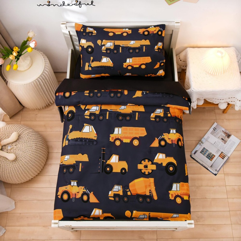 NTBED 4 Pieces Construction Toddler Bedding Set for Baby Boys, Truck Vehicles Excavator Cars Printed, Includes Comforter, Flat Sheet, Fitted Sheet and Pillowcase,Black