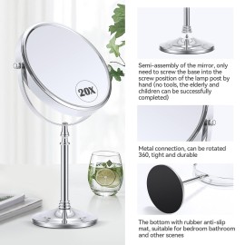 MIYADIVA Magnifying Mirror 20x, Double Sided 1X & 20X Magnifying Mirror on Stand, Large Tabletop Magnified Vanity Mirror, Magnified Mirrors with 360Rotation for Bathroom or Bedroom,8 Inches