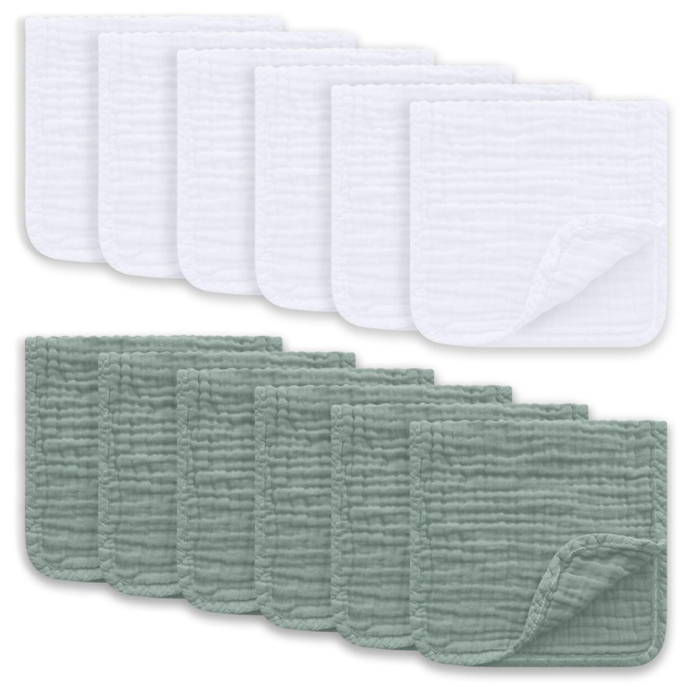 Ease Cubs Muslin Burp Cloths Large 100% Cotton Hand Washcloths for Boys & Girls, Baby Essentials Extra Absorbent and Soft Burping Rags for Newborn Registry (White & Green, 12-Pack, 20 X10)