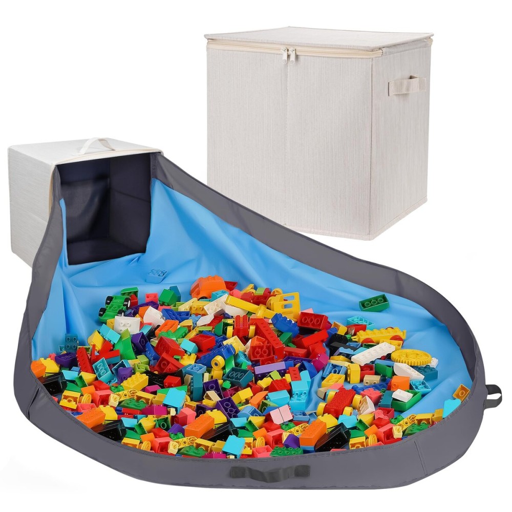 SAM AND MABEL Toy Storage Organizer with Play Mat for Kids - 13 x 13 x 13 Stackable and Foldable Cubby Box Nursery Organizers, Storage Bins with Lid for Playroom (Cream Bamboo)