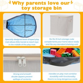 SAM AND MABEL Toy Storage Organizer with Play Mat for Kids - 13 x 13 x 13 Stackable and Foldable Cubby Box Nursery Organizers, Storage Bins with Lid for Playroom (Cream Bamboo)