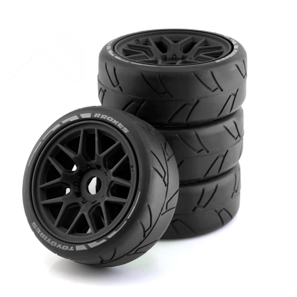 Chanmoo 1/8 RC On Road Car Tires and Wheels Rims 17mm Hex 103mm Rubber Rally Tyres for 1:8 Scale RC On-Road Racing Car HPI WR8 HSP Hobao ARRMA Redcat Losi Kyosho VRX RC Rally Drift Car 4PCS (Black)