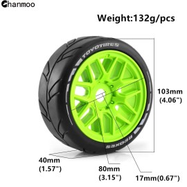 Chanmoo 1/8 RC On Road Car Tires and Wheels Rims 17mm Hex 103mm Rubber Rally Tyres for 1:8 Scale RC On-Road Racing Car HPI WR8 HSP Hobao ARRMA Redcat Losi Kyosho VRX RC Rally Drift Car 4PCS (Black)