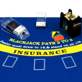 Aoriher Blackjack Game Combo Set, Include Blackjack Layout Felt,Shoe 6 Deck Automatic Card Shuffler Discard Holder Trays and 10 Cut Cards for Casino, Party Night(Blue)