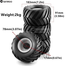 Chanmoo 1/8 RC Monster Truck Tires and 17mm Hex Wheels Rims Rubber Buggy Tyres for 1:8 Scale Off Road Truck Car Kaiju Tmaxx E-Revo 3.3 Arrma Kraton 6S Typhon 3S Traxxas Maxx HPI Redcat 4PCS (White)