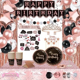 UJoyant Birthday Decorations For Women, 229 Pcs Rose Gold and Black Happy Birthday Supplies - Disposable Dinnerware Set with 25 Guest, Balloons, Sash, Tiara, Banner, Fringe Curtain, Photo Booth Props