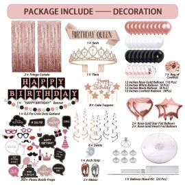 UJoyant Birthday Decorations For Women, 229 Pcs Rose Gold and Black Happy Birthday Supplies - Disposable Dinnerware Set with 25 Guest, Balloons, Sash, Tiara, Banner, Fringe Curtain, Photo Booth Props
