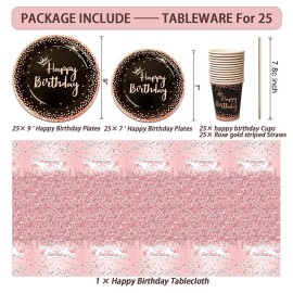 UJoyant Birthday Decorations For Women, 229 Pcs Rose Gold and Black Happy Birthday Supplies - Disposable Dinnerware Set with 25 Guest, Balloons, Sash, Tiara, Banner, Fringe Curtain, Photo Booth Props