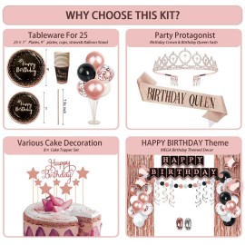 UJoyant Birthday Decorations For Women, 229 Pcs Rose Gold and Black Happy Birthday Supplies - Disposable Dinnerware Set with 25 Guest, Balloons, Sash, Tiara, Banner, Fringe Curtain, Photo Booth Props