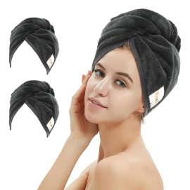 M-bestl 2 Pack Microfiber Hair Towel Wrap,Hair Drying Towel with Button,Absorbent and Anti-frizz Head Towel to Dry Curly or Straight Hair Quickly (Black)