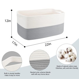 MEGASKET Extra Large Laundry Basket, Rectangle Woven Cotton Rope Storage Basket with Handles, Wicker Laundry Hamper, Farmhouse Storage Bin for Blankets Clothes Toys, Grey, 22 x 17 x 12
