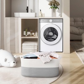 MEGASKET Extra Large Laundry Basket, Rectangle Woven Cotton Rope Storage Basket with Handles, Wicker Laundry Hamper, Farmhouse Storage Bin for Blankets Clothes Toys, Grey, 22 x 17 x 12