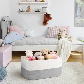 MEGASKET Extra Large Laundry Basket, Rectangle Woven Cotton Rope Storage Basket with Handles, Wicker Laundry Hamper, Farmhouse Storage Bin for Blankets Clothes Toys, Grey, 22 x 17 x 12