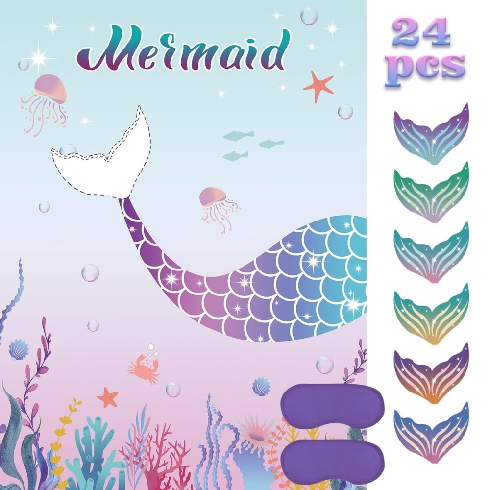 Pin The Tail on The Mermaid Party Game with 24 PCS Tails for Kids Girls Birthday 21\'\' x 28\'\' (Mermaid)