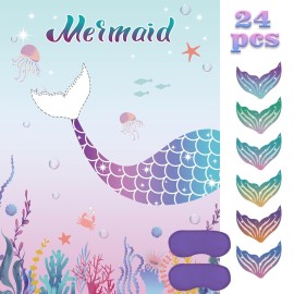 Pin The Tail on The Mermaid Party Game with 24 PCS Tails for Kids Girls Birthday 21\'\' x 28\'\' (Mermaid)