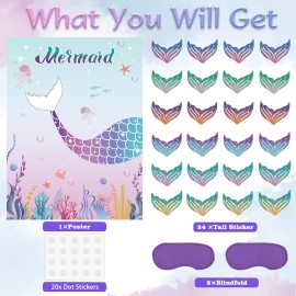 Pin The Tail on The Mermaid Party Game with 24 PCS Tails for Kids Girls Birthday 21\'\' x 28\'\' (Mermaid)