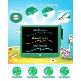 KOKODI 12 Inch LCD Writing Tablet with Anti-Lost Stylus Erasable Doodle Board Colorful Toddler Drawing Pad Car Travel School Games Toys for 3 4 5 6 7 8 Kids Birthday Gift for Girls Boys Adults Green