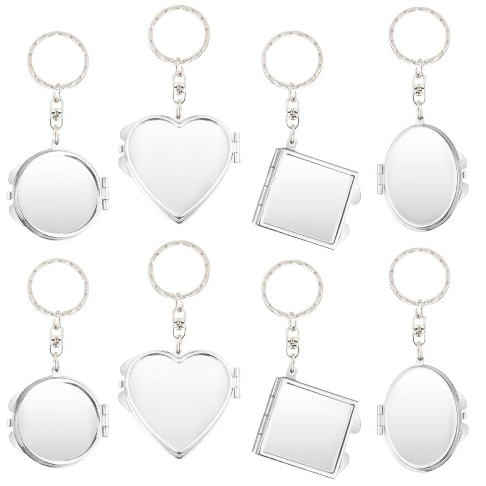 BOSMIOW 8PCS Mini Metal Folding Mirror,Portable Compact Cosmetic Mirror,Dual Sided Vanity Mirror with Key Ring Keychain,Makeup Tools for Women Girls,Square,Circular,Heart-Shaped,Elliptical