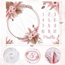 Gicoherero Floral Boho Baby Monthly Milestone Blanket Little Girl Bohemian Photo Prop Blanket Personalized Bliss Baby Present Pampas Grass Ideas for Newborn Princess Pinkk Nursery Dcor 40 X 50