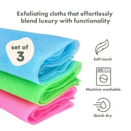 TranquilBeauty Exfoliating Towel Set of 3 - Soft, Quick-Dry Scrub Towels for Body (Not for Face) | Deep Cleanse | Machine Washable | Korean Exfoliating Cloth | 36x12 Inches - Green, Blue, Pink TranquilBeauty Exfoliating Towel Set of 3 - Soft, Quick-Dry Scrub Towels for Body (Not for Face) | Deep Cleanse | Machine Washable | Korean Exfoliating Cloth | 36x12 Inches - Green, Blue, Pink