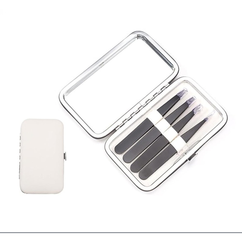 Tweezers Set - Professional Stainless Steel Tweezers Kit for Eyebrows for Women and Men with Mirror& Leather Travel Case, Facial Hair Ingrown Hair Removal (4 Pcs, Black)