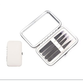 Tweezers Set - Professional Stainless Steel Tweezers Kit for Eyebrows for Women and Men with Mirror& Leather Travel Case, Facial Hair Ingrown Hair Removal (4 Pcs, Black)