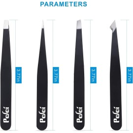 Tweezers Set - Professional Stainless Steel Tweezers Kit for Eyebrows for Women and Men with Mirror& Leather Travel Case, Facial Hair Ingrown Hair Removal (4 Pcs, Black)