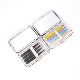 Tweezers Set - Professional Stainless Steel Tweezers Kit for Eyebrows for Women and Men with Mirror& Leather Travel Case, Facial Hair Ingrown Hair Removal (4 Pcs, Black)