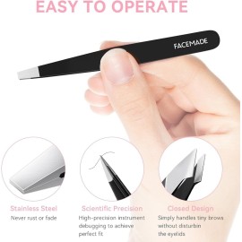 Tweezers Set - Professional Stainless Steel Tweezers Kit for Eyebrows for Women and Men with Mirror& Leather Travel Case, Facial Hair Ingrown Hair Removal (4 Pcs, Black)