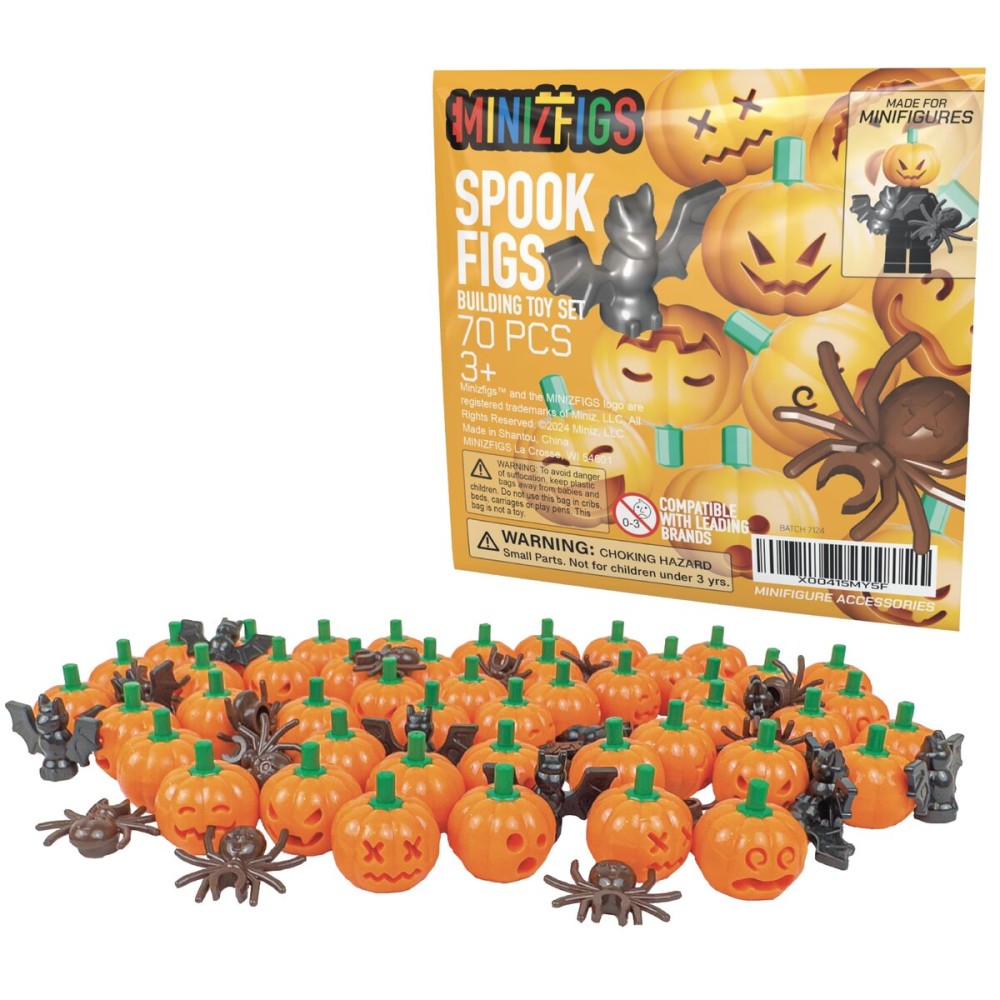 Minizfigs Halloween Spooky Pumpkin Set - 70 Piece Bulk Orange Jack-O-Lantern Pumpkins, Bats, Spiders Classic Building Toy Accessories for Lego Minifigures | Compatible with Most Major Brands