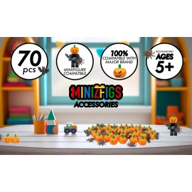 Minizfigs Halloween Spooky Pumpkin Set - 70 Piece Bulk Orange Jack-O-Lantern Pumpkins, Bats, Spiders Classic Building Toy Accessories for Lego Minifigures | Compatible with Most Major Brands