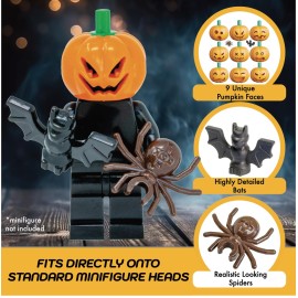Minizfigs Halloween Spooky Pumpkin Set - 70 Piece Bulk Orange Jack-O-Lantern Pumpkins, Bats, Spiders Classic Building Toy Accessories for Lego Minifigures | Compatible with Most Major Brands
