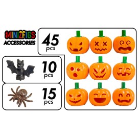 Minizfigs Halloween Spooky Pumpkin Set - 70 Piece Bulk Orange Jack-O-Lantern Pumpkins, Bats, Spiders Classic Building Toy Accessories for Lego Minifigures | Compatible with Most Major Brands