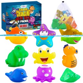 Color Changing No Hole Bath Toys for Kids Toddlers, Color Change Sea Creatures Ocean Animal Toys with Drying Bag(9 Pack), Baby Bath Toys Water Toys Floating Fish Toys