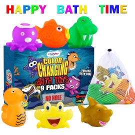 Color Changing No Hole Bath Toys for Kids Toddlers, Color Change Sea Creatures Ocean Animal Toys with Drying Bag(9 Pack), Baby Bath Toys Water Toys Floating Fish Toys