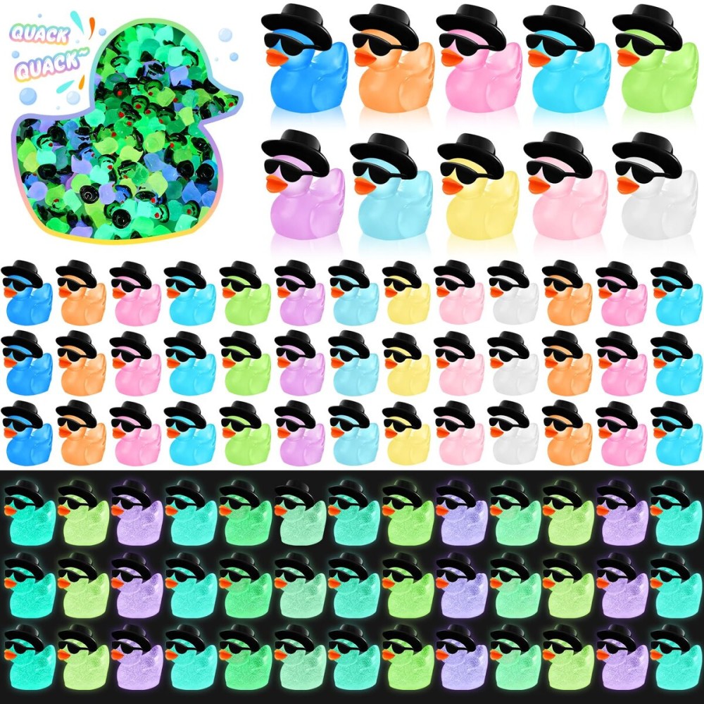 Barydat 150 Pcs Luminous Mini Resin Ducks Bulk Glow in The Dark Tiny Cowboy Duck with Sunglasses and Hat Tiny Resin Figures Ornaments for Micro Landscape Garden Dollhouse Decor DIY Craft Cake