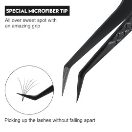 Ms.Queen Lash Extension Tweezers, Professional 45 Degree Fiber Grip Tweezers for Eyelash Extensions,Black