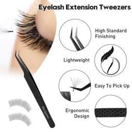 Ms.Queen Lash Extension Tweezers, Professional 45 Degree Fiber Grip Tweezers for Eyelash Extensions,Black
