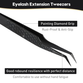 Ms.Queen Lash Extension Tweezers, Professional 45 Degree Fiber Grip Tweezers for Eyelash Extensions,Black